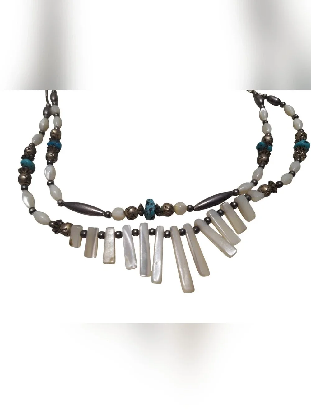 Vintage Double Strand Necklace Silver toned Metal w/ MOP & Natural Stones Boho